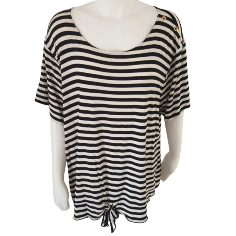 ELLEN TRACY Black White Striped Tee Plus Size 2X Tie Front Scoop Neck Top - Picture 6 of 10